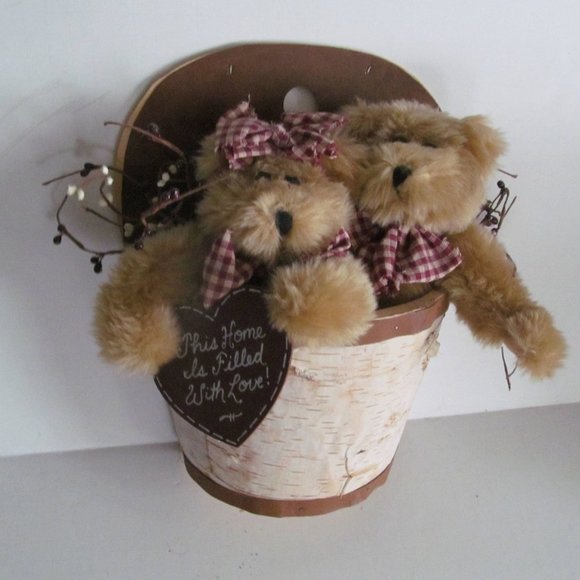 Valentine Country Primitive Teddy Bears White Birch Basket Rustic Cabin Decor - Picture 1 of 4